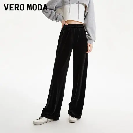Vero Moda休闲裤2025春季新款休闲松紧高腰直筒丝绒黑色长裤女图片