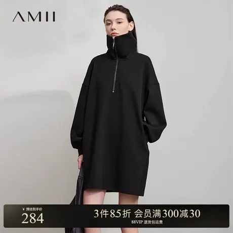 Amii2025秋新款极简纯色运动风宽松大翻领套头空气层长袖连衣裙图片