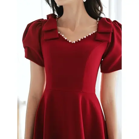 敬酒服新娘夏季酒红色结婚订婚回门礼服连衣裙女小个子法式蝴蝶结图片