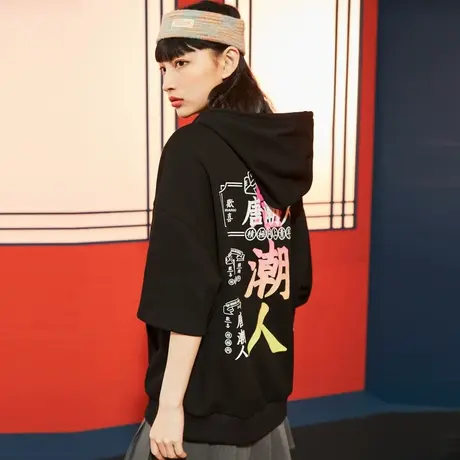 唐狮2022夏装新款连帽半袖卫衣女国潮黑色短袖韩版宽松上衣女潮酷图片
