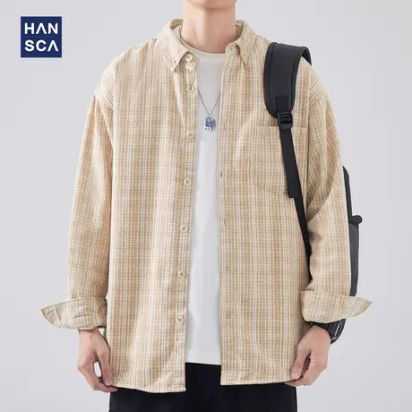 hansca翻领长袖衬衫男春季新款日系潮牌复古条纹宽松休闲衬衣外套图片