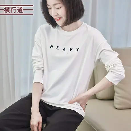 2025春季简约休闲纯色圆领印花宽松长袖T恤女上衣打底衫大码妈妈商品大图