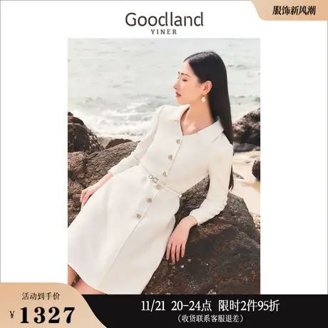 Goodland美地女装冬季商务感斜门襟小翻领哑光斜纹连衣裙图片