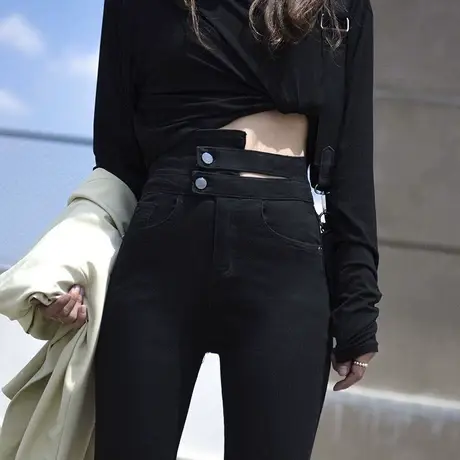 黑色超高腰牛仔裤女紧身小脚裤秋装2023年新款韩版显瘦九分裤子图片