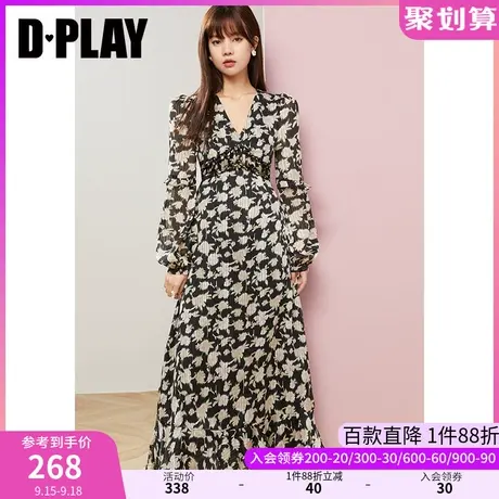 DPLAY秋装新款法式复古V领甜美荷叶边设计黑底粉花连衣裙图片