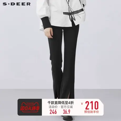 sdeer圣迪奥秋装复古时尚高腰修身开衩喇叭黑色长裤S21380805商品大图