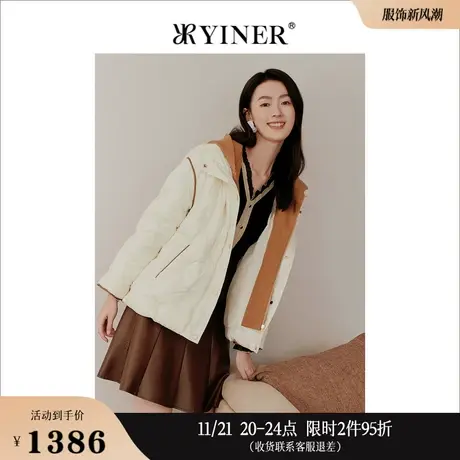 YINER音儿专选冬季字母绣花锁绒短款撞色连帽保暖羽绒服图片