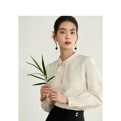 茵曼新中式国色梅花提花衬衣2023秋女装新款手工盘扣钉珠气质上衣图片