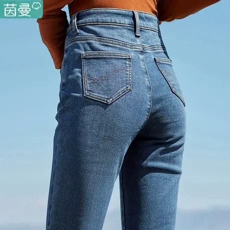 茵曼加绒牛仔裤女加厚2023年秋季新款高腰显瘦修身小脚裤直筒裤子图片