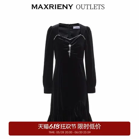 【奥莱】MAXRIENY鱼尾丝绒连衣裙荷叶边裙摆复古赫本风裙子图片