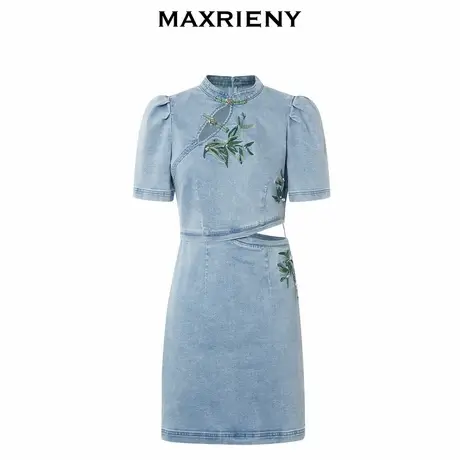 【奥莱】MAXRIENY新中式竹叶提花镂空牛仔连衣裙图片