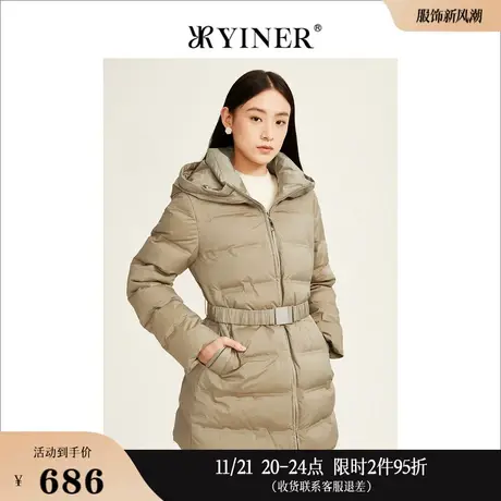 YINER音儿线上专选女装冬季中长款连帽设计感白鸭绒衍缝羽绒服图片