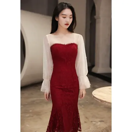 鱼尾敬酒服新娘平时可穿冬季红色结婚订婚回门礼服连衣裙仙气长袖图片