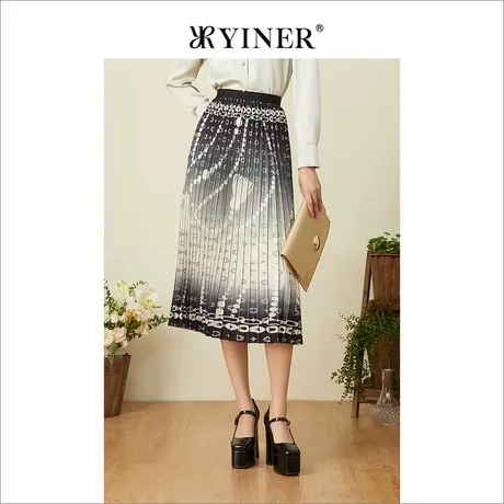 YINER音儿专柜女装2022春季新款渐变图案印花百褶半身裙图片