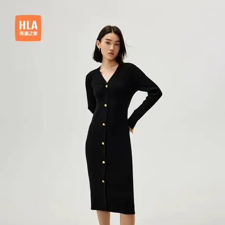 【含羊毛】HLA/海澜之家修身V领长袖针织裙秋新微弹黑色长裙女装图片