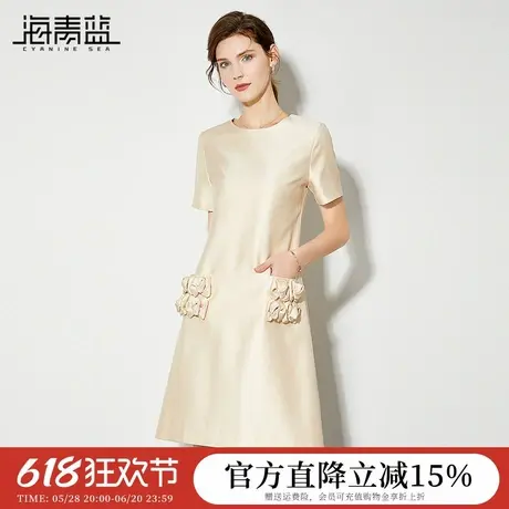 海青蓝名媛小香风连衣裙女2024夏季新款时尚立体花朵口袋中长裙图片