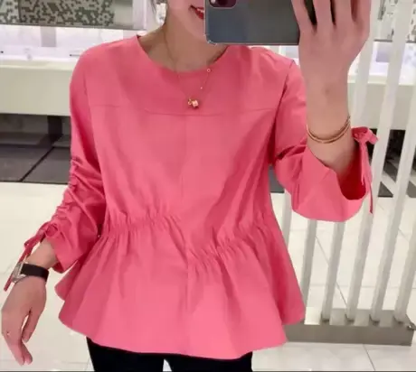 娃娃衫显瘦七分袖衬衫女新款宽松圆领抽绳不规则收腰遮肚子上衣图片