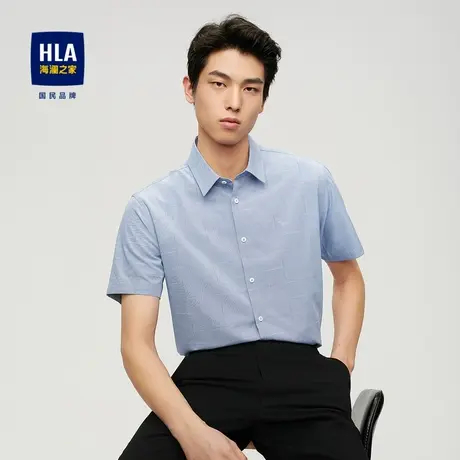 HLA/海澜之家满身线条短袖休闲衬衫男刺绣尖领透气柔软服帖衬衣男图片
