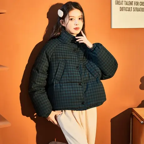 唐狮2024冬季新款女短款羽绒服格子条纹韩系深色短上衣保暖显比例图片