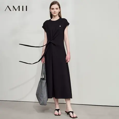 AMII【韩版休闲连衣裙】韩版休闲简约小飞袖不对称绑带连衣裙图片