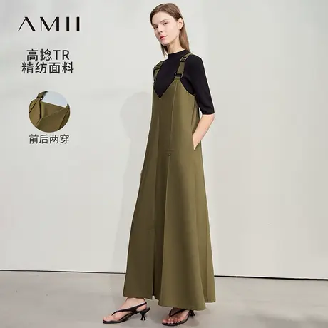 Amii2025夏新款休闲风前后两穿背带裙连衣裙女牙签褶口袋开叉裙子图片