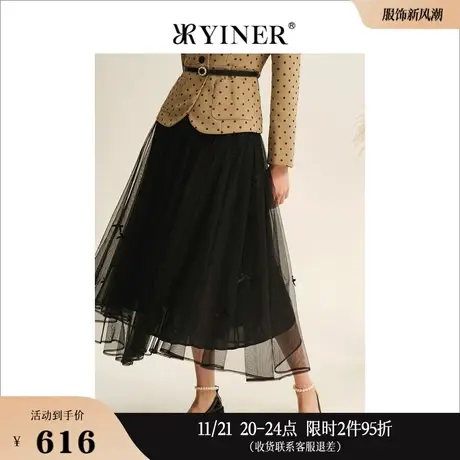 YINER音儿专选秋季不规则雪纺网纱A字小黑裙蝴蝶结半身裙图片