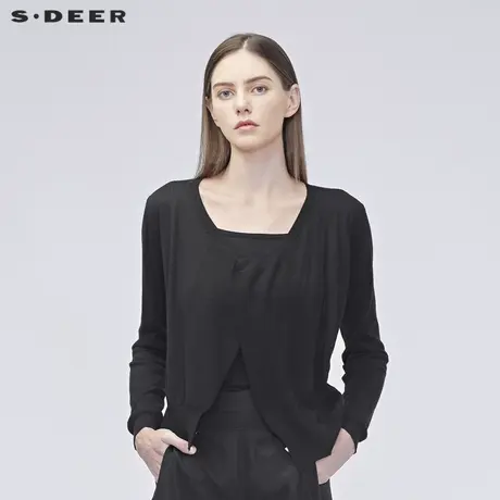 sdeer圣迪奥女简约开襟罗纹收口开衩下摆针织衫S19183502图片