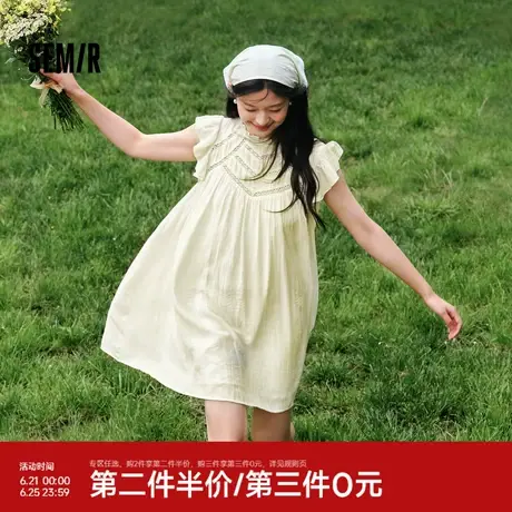 森马连衣裙女温柔木耳边小飞袖肌理短裙2024夏新款镂空娃娃裙甜美图片