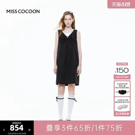 MISS COCOON可可尼蕾丝拼接裙子2025夏季新款背心裙黑色连衣裙女图片