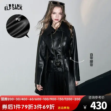 妖精的口袋黑色皮裙连衣裙女2023冬季新款显瘦设计感修身长袖裙子商品大图