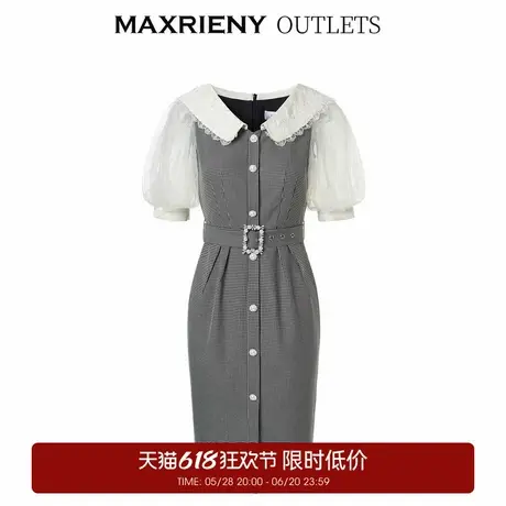 【奥莱】MAXRIENY法式浪漫黑白格纹翻领连衣裙复古格纹裙子女图片
