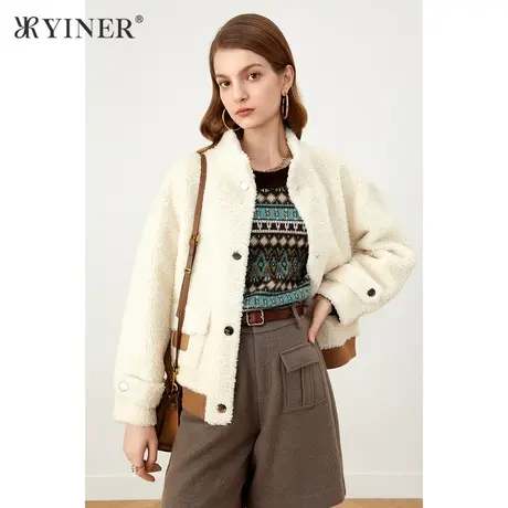 YINER音儿商场同款女装2021冬季新款立领撞色羊剪毛外套图片