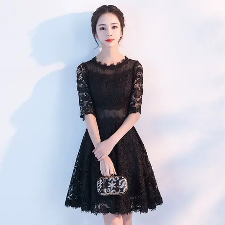 年会黑色小晚礼服裙女平时可穿生日宴会连衣裙蕾丝洋装短款小个子图片