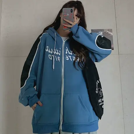 waitmore连帽卫衣chic港风女秋冬宽松韩版加绒加厚开衫外套潮ins图片