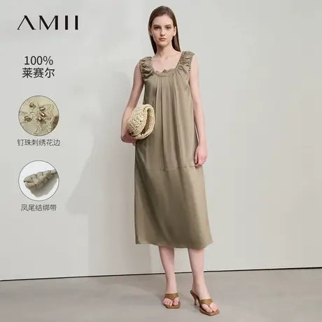 Amii2025夏新款钉珠刺绣花边全莱赛尔连衣裙女U领无袖绑带裙子图片