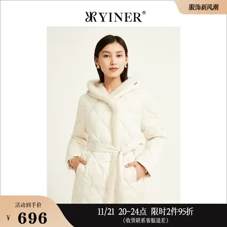 YINER音儿线上专选女装冬季水貂毛拼接保暖白鸭绒衍缝设计羽绒服图片