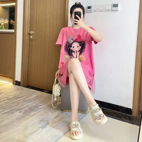 粉色印花连衣裙女夏季欧洲站今年流行T恤裙子大码胖mm遮肚子休闲图片