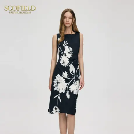 Scofield女装法式无袖印花连衣裙长裙不对称褶皱2025夏季新品图片