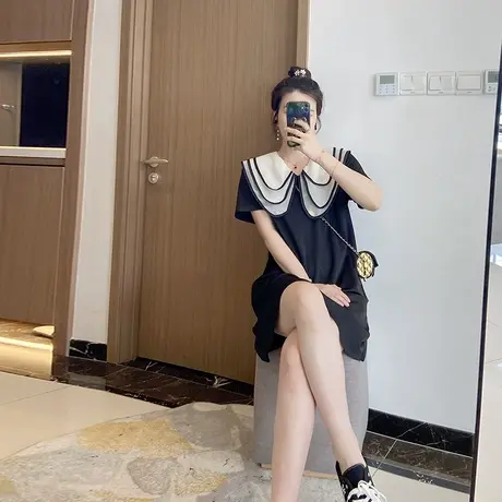 大码连衣裙女装胖mm夏装女遮肚子巨显瘦2024年新款黑色短袖微胖图片