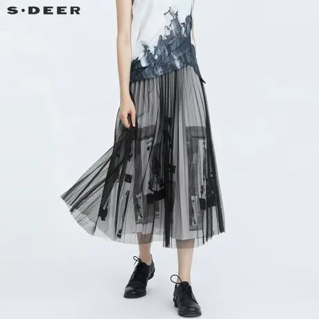 sdeer圣迪奥女装夏装优雅松紧字母印花网纱长裙S21281104图片