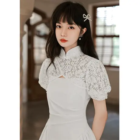 旗袍小晚礼服裙高端轻奢小众订婚连衣裙女领证登记白色中式两件套图片