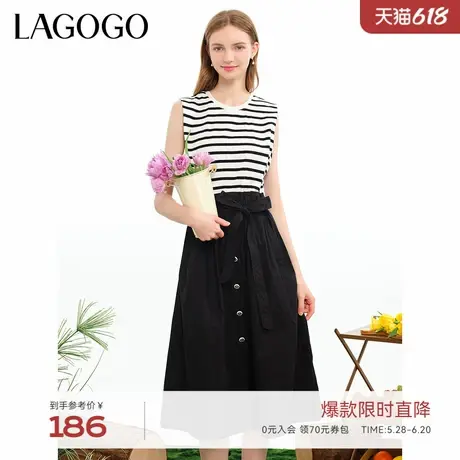 LAGOGO条纹拼接舒适全棉连衣裙女拉谷谷夏季新款高腰无袖A字裙图片