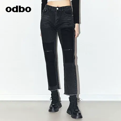 odbo 品牌黑色高腰水洗全棉直筒牛仔裤女新款显瘦破洞长裤图片
