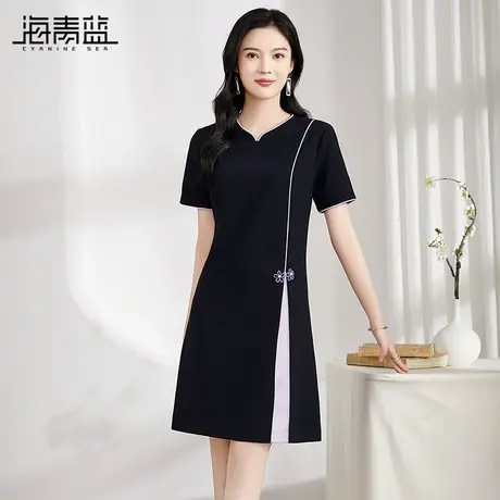 海青蓝新中式国风短袖连衣裙女2024夏季新款气质V领宽松显瘦A字裙图片
