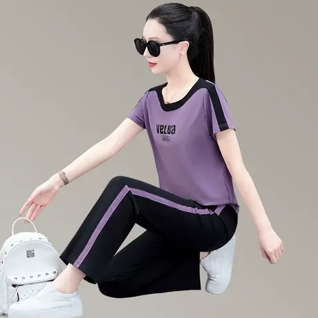 薄款直筒裤运动休闲套装女夏短袖2023年新款洋气妈妈装天丝两件套图片