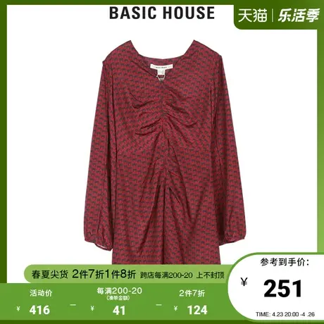 Basic House/百家好商场同款秋长袖连衣裙女V领短款裙子HTOP527C图片