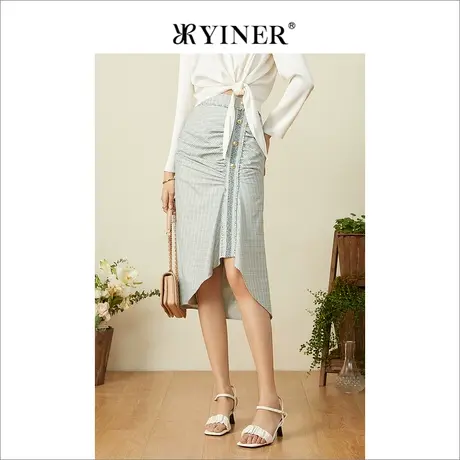 YINER音儿专柜女装2022春季新款不规则褶皱格纹半身裙图片
