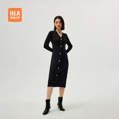 HLA/海澜之家优雅针织裙2025春季新款精致纽扣点缀质感裙子女装图片