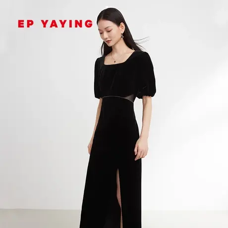 EP雅莹小黑裙 方领真丝礼服裙弹力暖感丝绒连衣裙 春装4626A图片