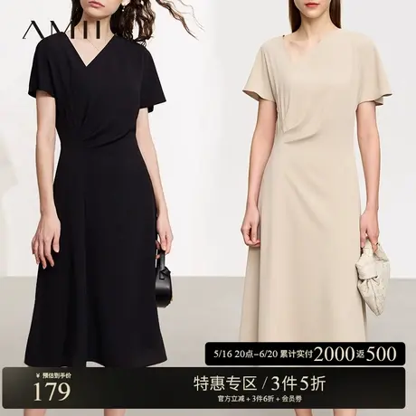 Amii2023夏新款斜V领不对称短袖收腰连衣裙女小黑裙中长裙子女图片